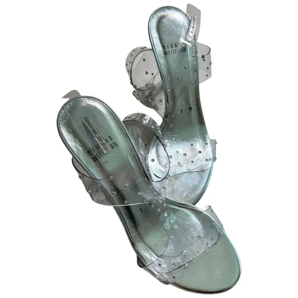 Stuart Weitzman Clear Silver Crystal Embellishments T-Strap Sandal Heels size 7 - Picture 8 of 11